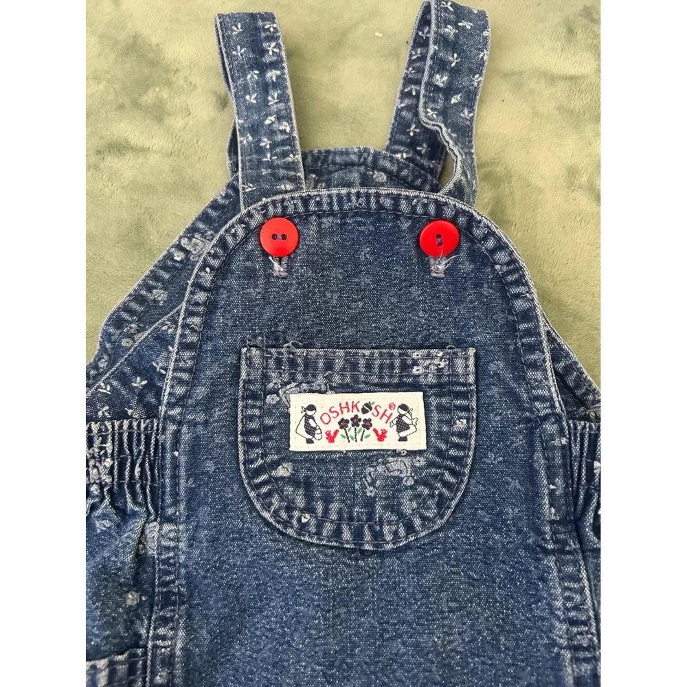 Vintage OshKosh Bgosh Vestbak Denim Jumper‎ Dress Teddy Bear Floral Blue 4T USA